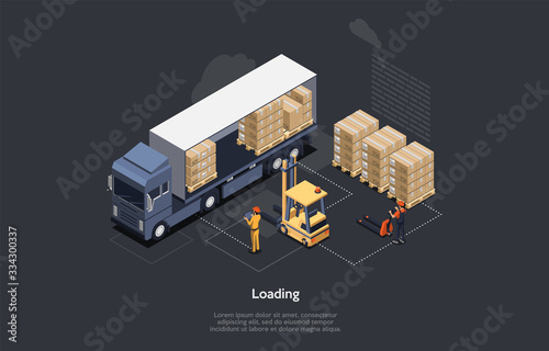Isometric Warehouse Work Process Concept. On Time Delivery Home And Office. Delivery Truck, Forklift For Loading Pallets, Workers Control Process Of Loading and Unloading Cargo. Vector Illustration