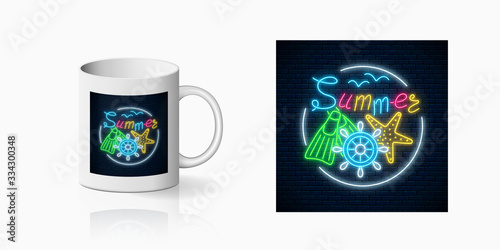 Neon happy summer party begin print with sea star, flippers and handwheel for cup design. Shiny summertime symbol, design, banner in neon style on mug mockup. Vector shiny design element