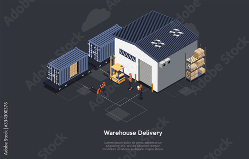 Isometric Warehouse Railway Delivery Concept. On Time Delivery Home And Office. Delivery Train, Work Staff, Worker With Notebook Controls Process Of Loading and Unloading Cargo. Vector Illustration