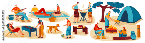 People cooking outdoor, summer barbecue picnic and camping with friends, set of cartoon characters isolated on white, vector illustration. Cookout grill bbq party, summertime leisure barbecue people