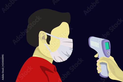 Illustration vector graphic of image man wearing surgical mask and image the human hand holding the digital infrared laser thermometer on dark blue background. vector illustration EPS10. flat design.