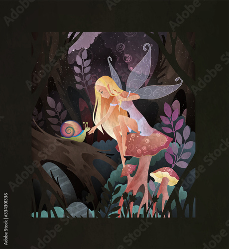 Fairytale illustration cute fairy with transparent wings sitting on a mushroom with snail in front of magic dark forest.
