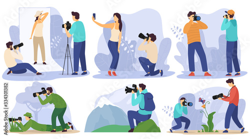 Photographer in studio and outdoor, taking pictures of people and nature, vector illustration. Professional photo equipment, man traveling with camera and shooting landscapes and wildlife photography © Seahorsevector