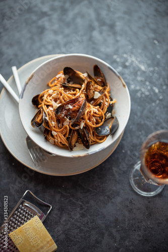 pasta with mussels. seafood pasta.