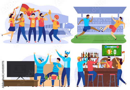 Soccer players and football fans cheering in bar, people cartoon characters, vector illustration. Sport game competition on stadium, friends watching football on tv together. Soccer match championship