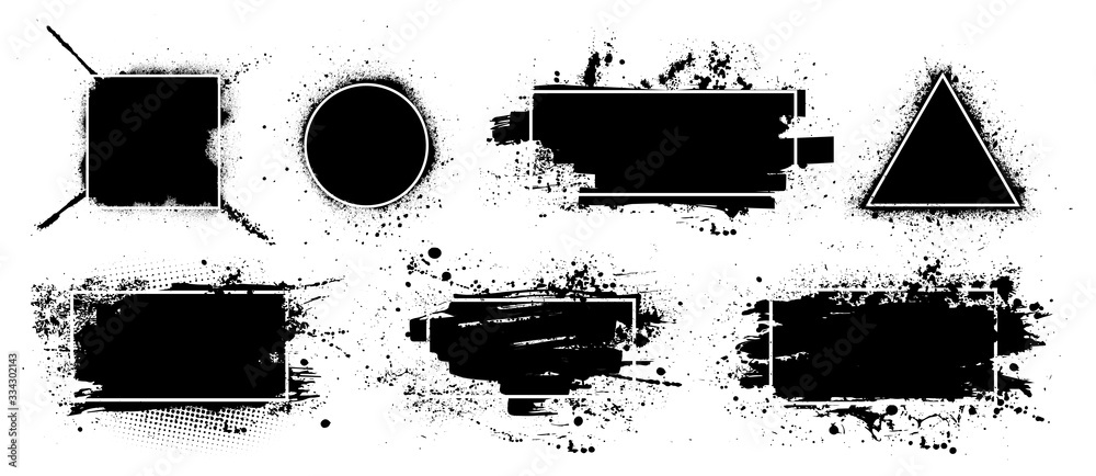 Dirty artistic design elements boxes with frames for text, logo, back element. Vector splashes grunge with frame, isolated on white background. Set of black paint, ink brush strokes, brushes, lines