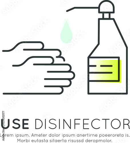 Vector Icon Style Illustration Web Badge of Hands Disinfection Cleaning, Virus Spread Prevention Method, Isolated Minimalistic Picture