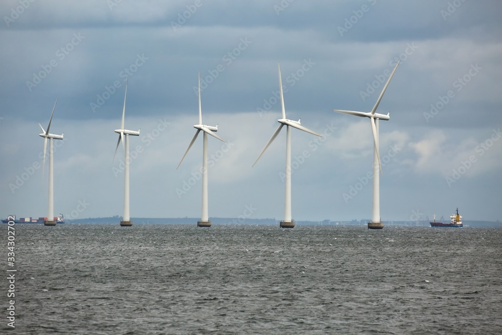 Offshore wind turbines at the sea in Copenhagen, Denmark