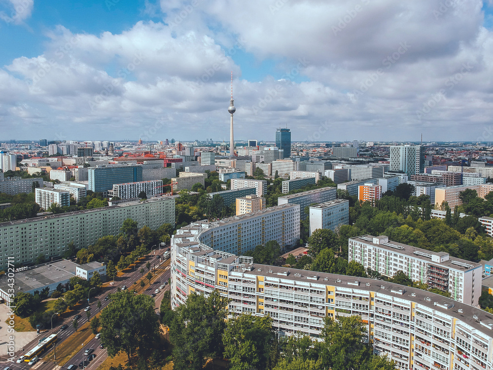 Aerial view over former East Berlin, Germany
