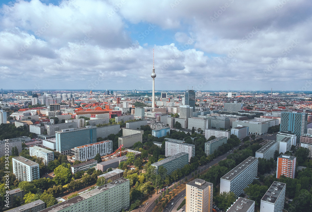 Aerial view over former East Berlin, Germany