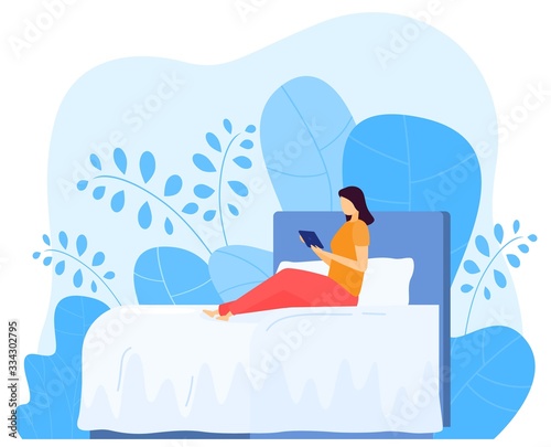 Self-isolated at home female read book, relaxation soft bed, isolated on white, flat vector illustration. Woman read magazine, volume, people hobby isolation background, design bedroom banner.