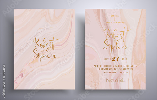 Vector wedding invitation with with swirling paint effect. Pink, beige and white overflowing colors. Beautiful cards that can be used for design cover, invitation, greeting cards, brochure and etc