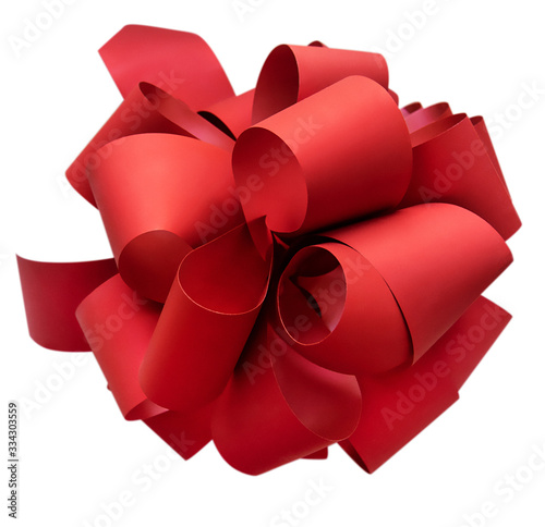 Large red bow on a white background, top view.