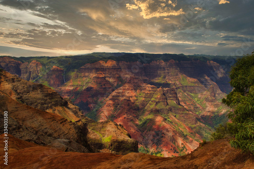 Dramatic sunset over the Waimea Canyon on Kauai.