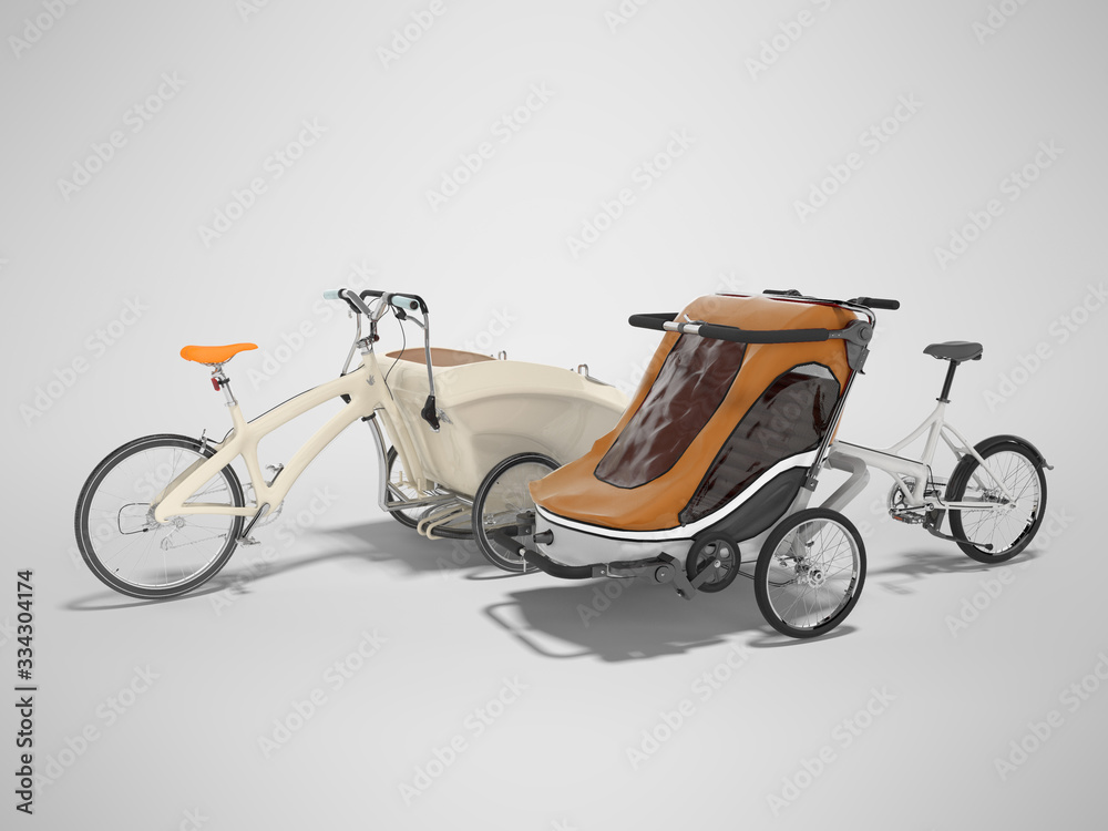 Fototapeta premium 3D rendering two pram bicycle trailer on gray background with shadow