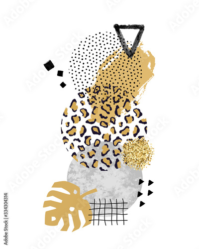 Fototapeta Vector trendy geometric background with marble stones, doodle textures, animal zebra and leopard print