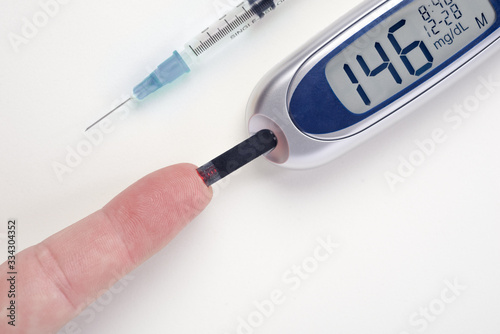 diabetes, glucometer with finger glucose measurement with blood drop