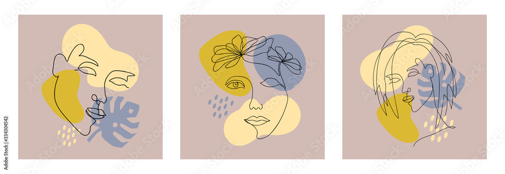 Vector abstract trendy cards with one line drawing of women, monstera leaf and geometric elements. Modern artwork  in minimal linear style. Female portraits for t-shirt fashion print, template