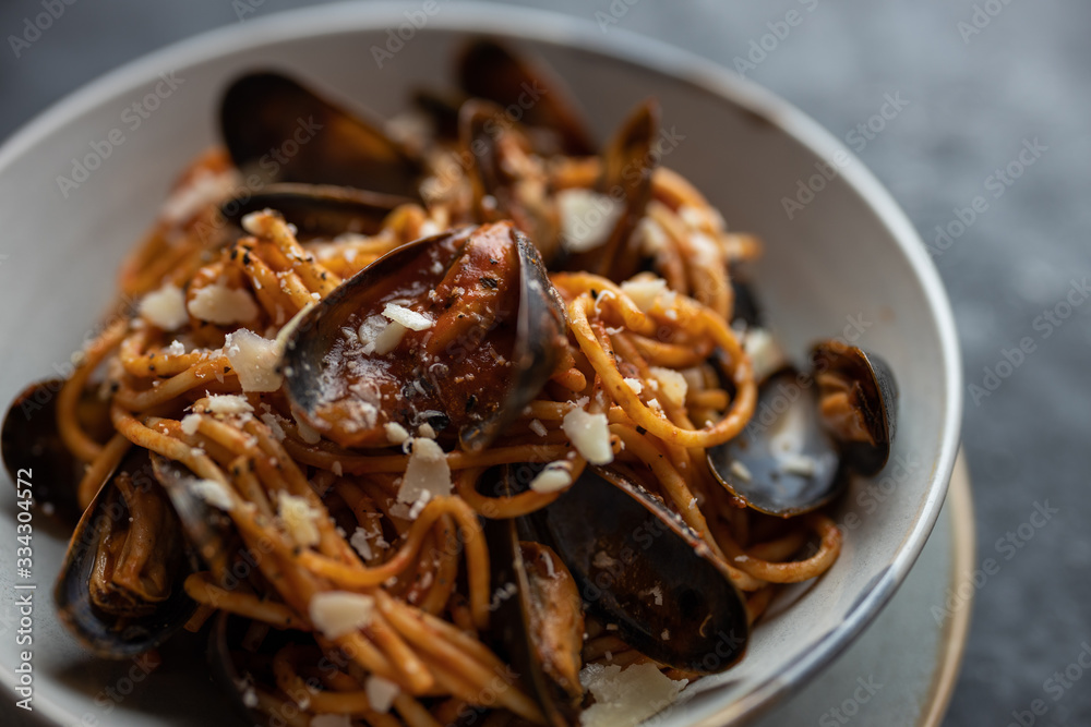 pasta with mussels. seafood pasta. Selective focus pasta with mussels. seafood pasta. Selective focus