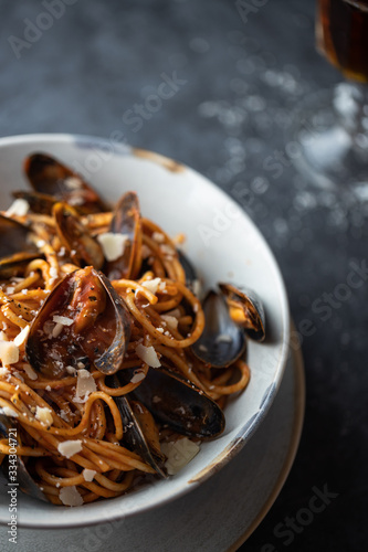 pasta with mussels. seafood pasta. Selective focus