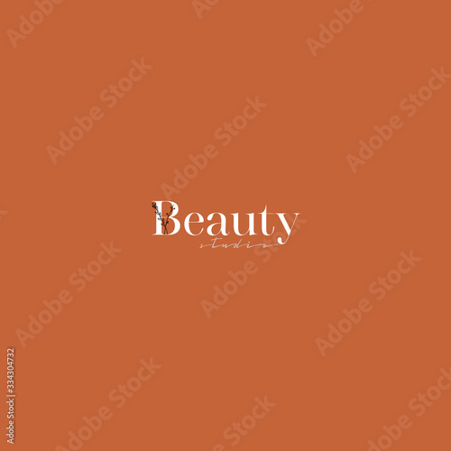 Beauty salon logo. Vector hand drawn logo template in elegant and minimal style Branch with leaves with text sample with abstract elements pastel colors. For business branding and identity. © Екатерина Исаева