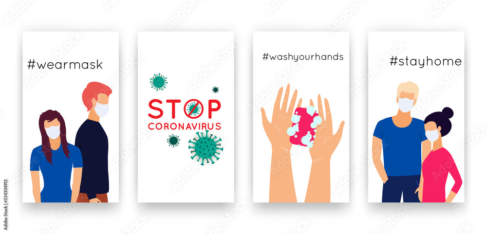 Vector templates set COVID-19 for social media network stories. Vertical posters with Chinese Coronavirus 2019-nCoV quarantine, health, hygiene promotion with people wearing face mask, washing hands Vector templates set COVID-19 for social media network stories. Vertical posters with Chinese Coronavirus 2019-nCoV quarantine, health, hygiene promotion with people wearing face mask, washing hands