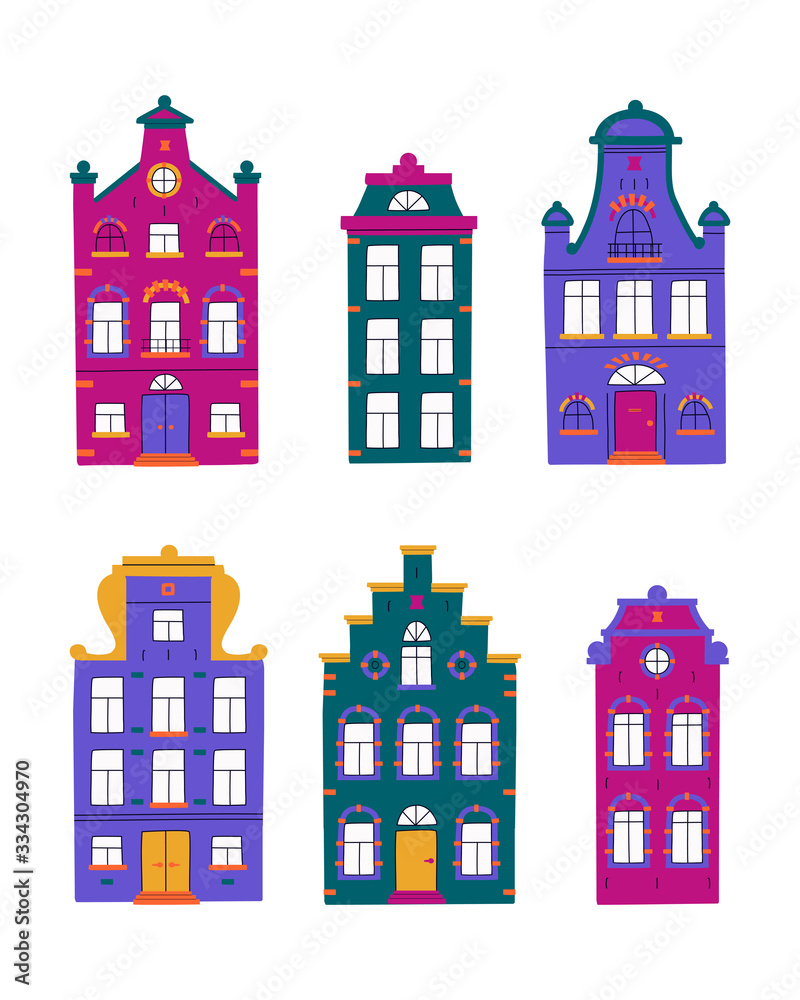 Vector set of minimalistic traditional houses. Vector collection of multi-colored facades of old buildings on white isolated background in scandinavian trendy style.