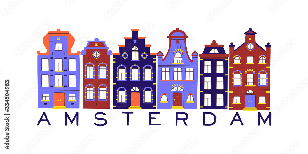 Vector cute card with traditional houses. Vector collection of multi-colored facades of old buildings on white isolated background in scandinavian trendy style.