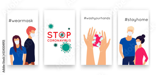 Vector templates set COVID-19 for social media network stories. Vertical posters with Chinese Coronavirus 2019-nCoV quarantine, health, hygiene promotion with people wearing face mask, washing hands