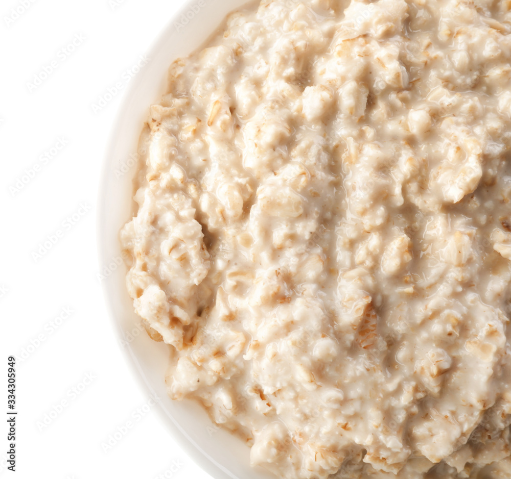 Bowl with tasty oatmeal on white background Bowl with tasty oatmeal on white background