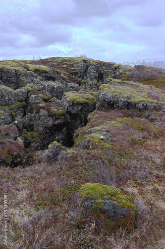 Obraz na plátně The Tektonic plates split in Iceland on a cloudy and drizzly day
