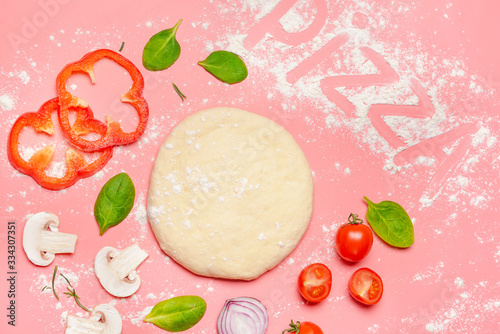 Ingredients for tasty pizza on color background