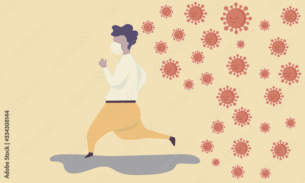 Man with mask surgical is running away from propagation of the virus Covid 19 Man with mask surgical is running away from propagation of the virus Covid 19
