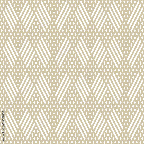 Vector golden geometric lines seamless pattern. Abstract graphic background with intersecting diagonal lines, grid, lattice, rhombuses, chevron. White and beige linear texture. Stylish modern design