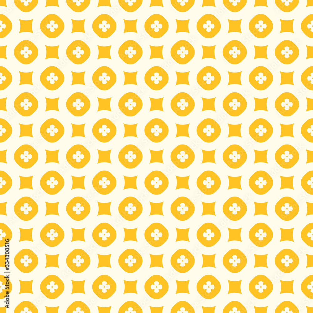 Yellow floral vector seamless pattern. Simple geometric texture with small flowers, circles, squares. Abstract colorful background. Retro vintage style. Bright summer design for decor, fabric, cloth Yellow floral vector seamless pattern. Simple geometric texture with small flowers, circles, squares. Abstract colorful background. Retro vintage style. Bright summer design for decor, fabric, cloth