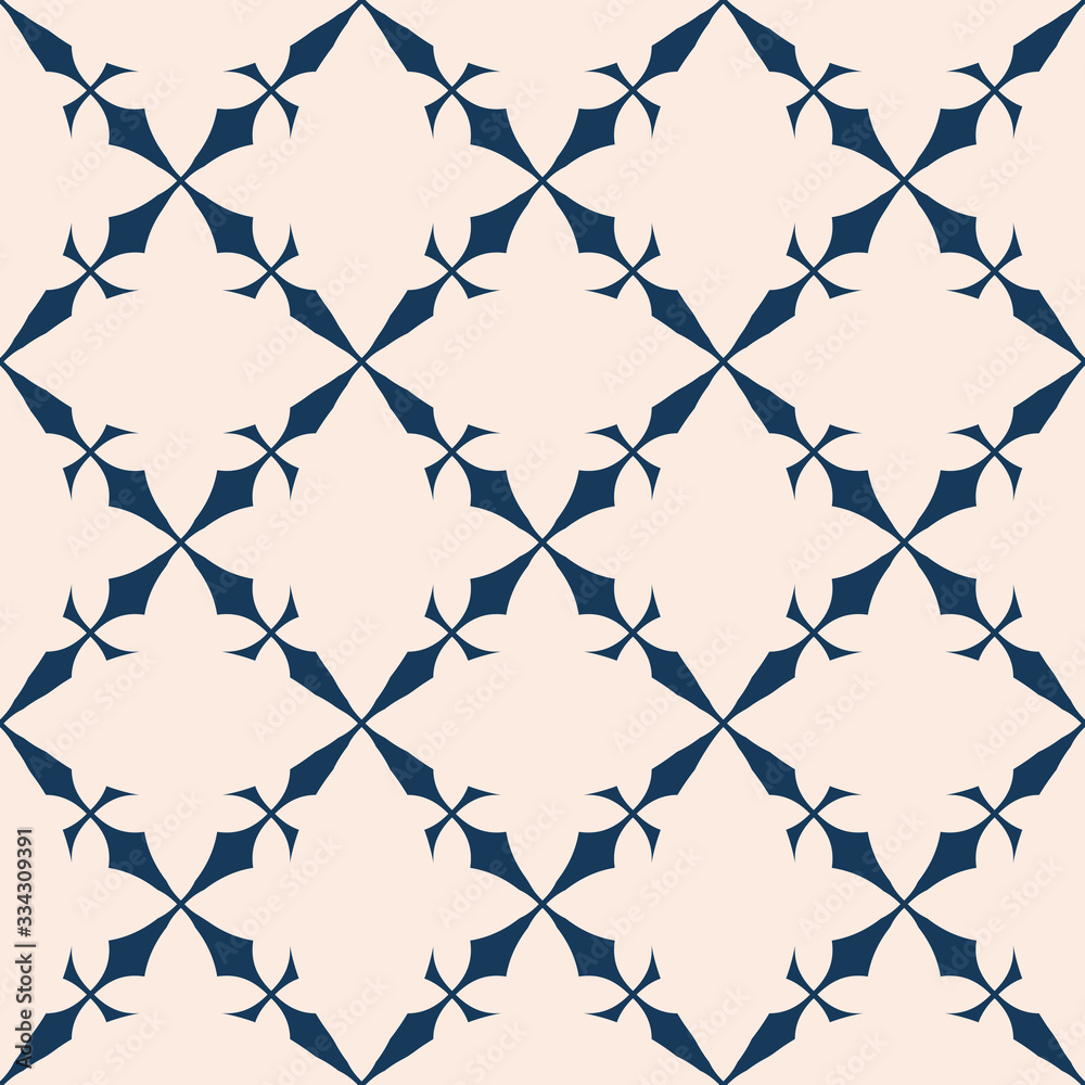 Naklejka premium Vector abstract geometric floral texture. Elegant seamless pattern with flower shapes, mosaic tiles, crosses, grid, lattice. Elegant background in deep blue and light pink colors. Repeatable design