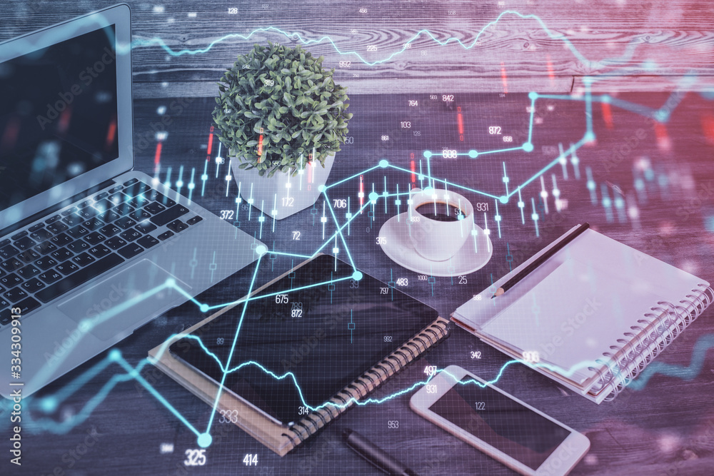 Double exposure of financial graph drawing and cell phone background. Concept of forex trading Double exposure of financial graph drawing and cell phone background. Concept of forex trading