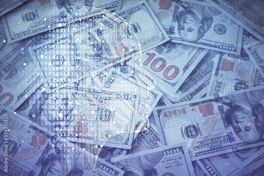 Double exposure of brain drawing over us dollars bill background. Technology concept. Double exposure of brain drawing over us dollars bill background. Technology concept.