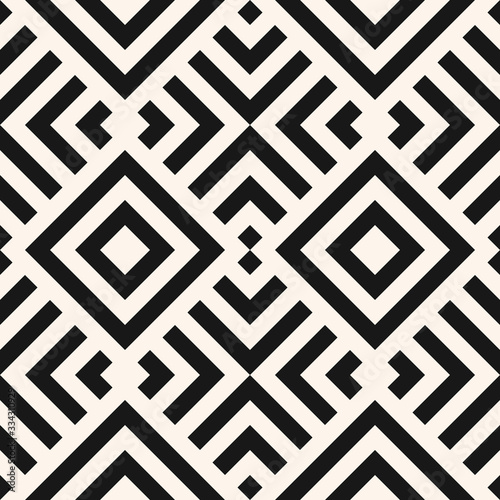 Simple linear geometric seamless pattern. Abstract monochrome geo texture with diagonal lines, squares, rhombuses, repeat tiles. Stylish minimal black and white background. Modern repeatable design