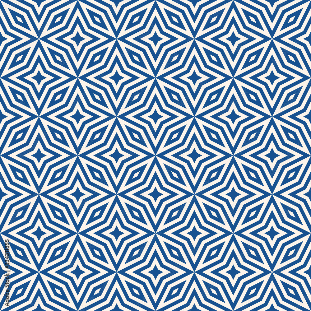 Vector abstract geometric seamless pattern. Ornamental texture with diamonds, floral shapes, stars, rhombuses, grid, net. Indigo blue and white color. Simple ornament background. Repeat geo design Vector abstract geometric seamless pattern. Ornamental texture with diamonds, floral shapes, stars, rhombuses, grid, net. Indigo blue and white color. Simple ornament background. Repeat geo design