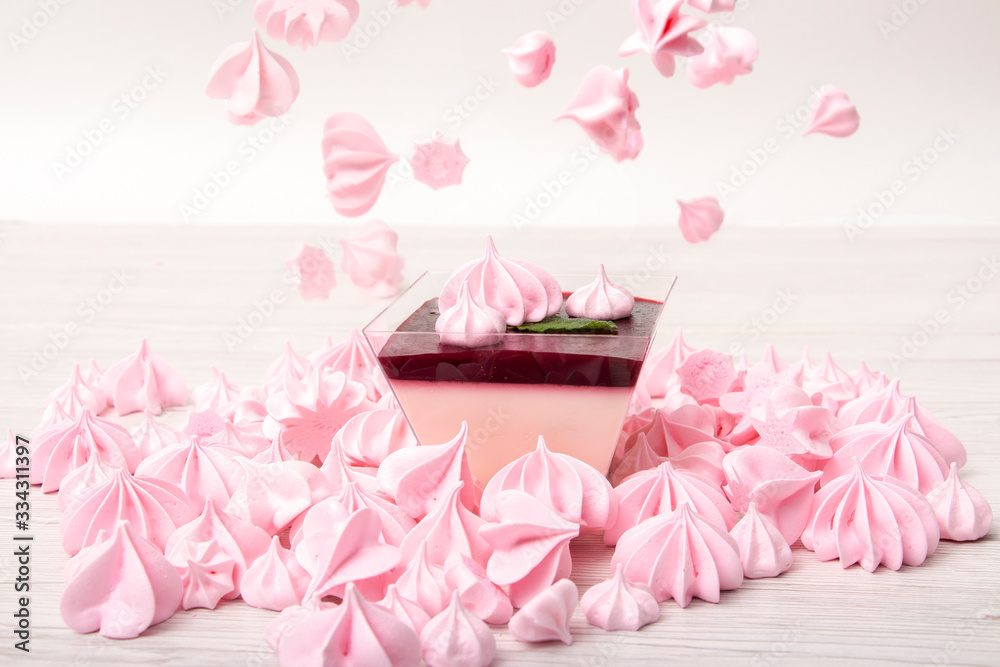 Panacota in a pink cup with marshmallows and Panacota in a pink cup with marshmallows and