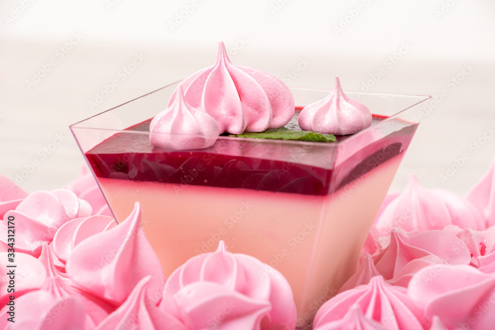 Panacota in a pink cup with marshmallows and Panacota in a pink cup with marshmallows and