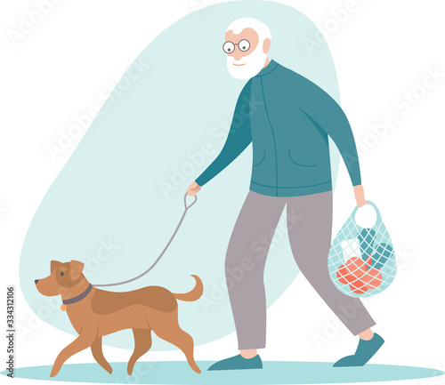 Senior man walking for groceries with his dog