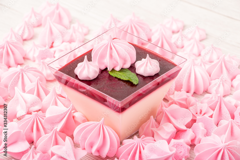 Panacota in a pink cup with marshmallows and Panacota in a pink cup with marshmallows and