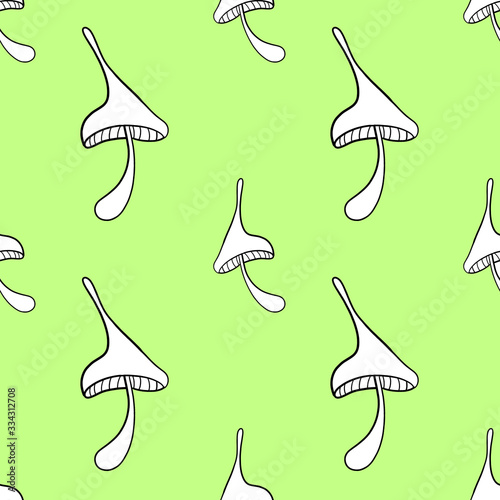 Seamless pattern cute black and white mushroom with a long hat and leg on a green background  illustration for postcards  decor  posters  print  fabric  and so on in the style of Doodle