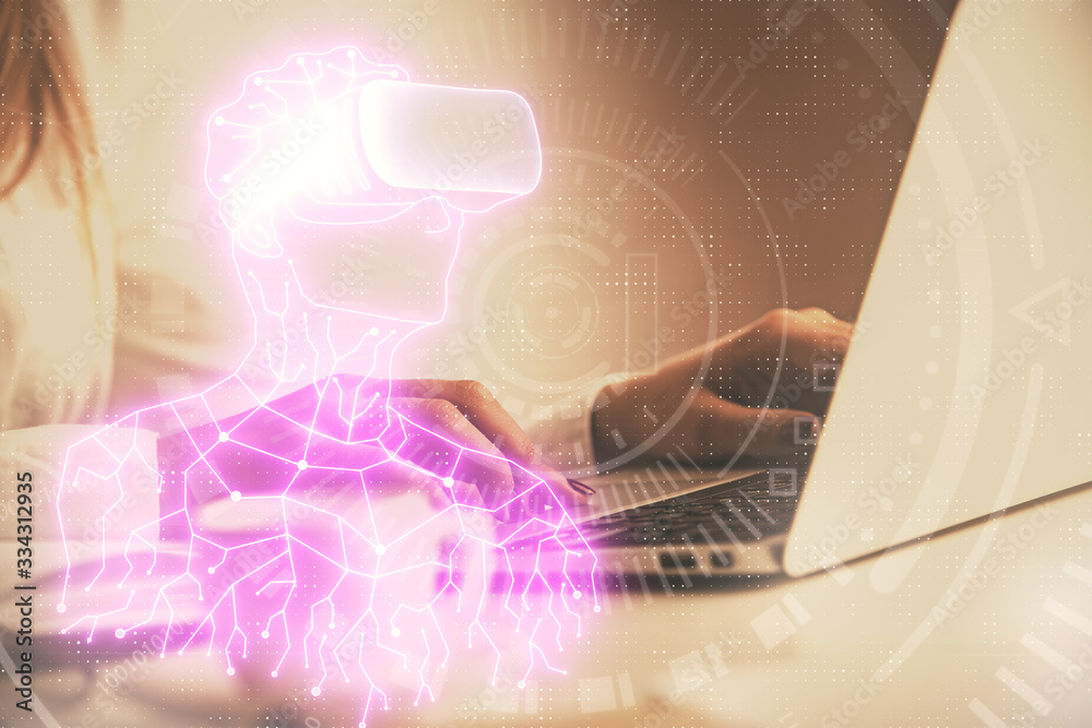 Double exposure of woman hands typing on computer and man in AR glasses drawing. Education concept. Double exposure of woman hands typing on computer and man in AR glasses drawing. Education concept.