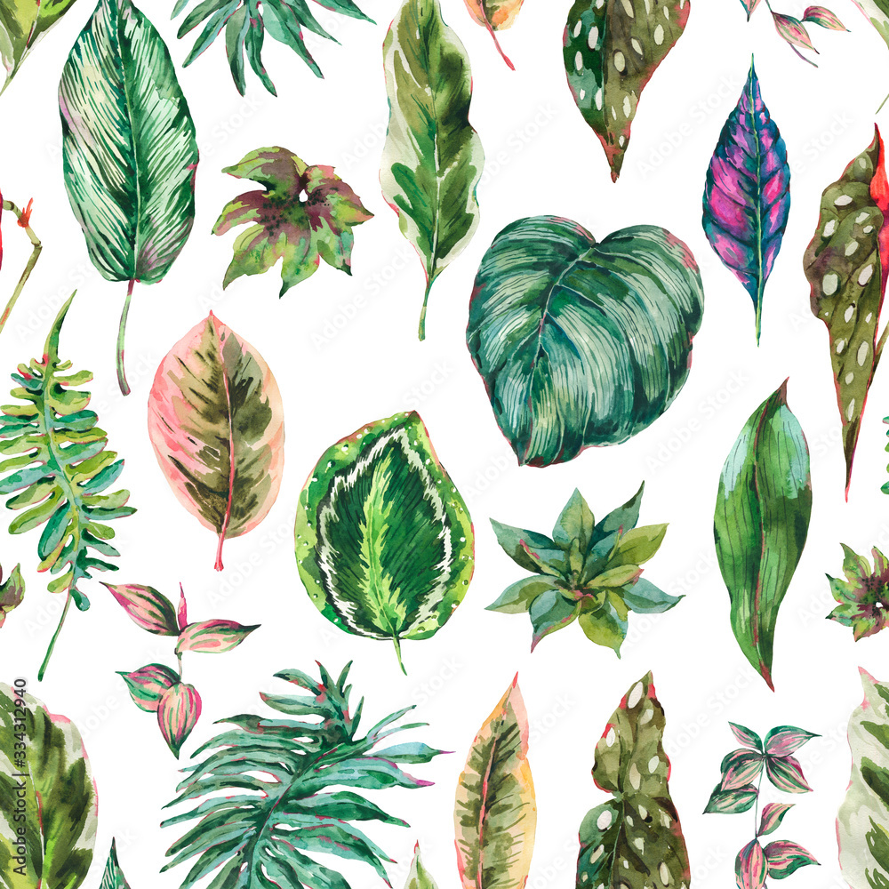 Fototapeta Watercolor botanical tropical leaves seamless pattern, exotic natural floral texture