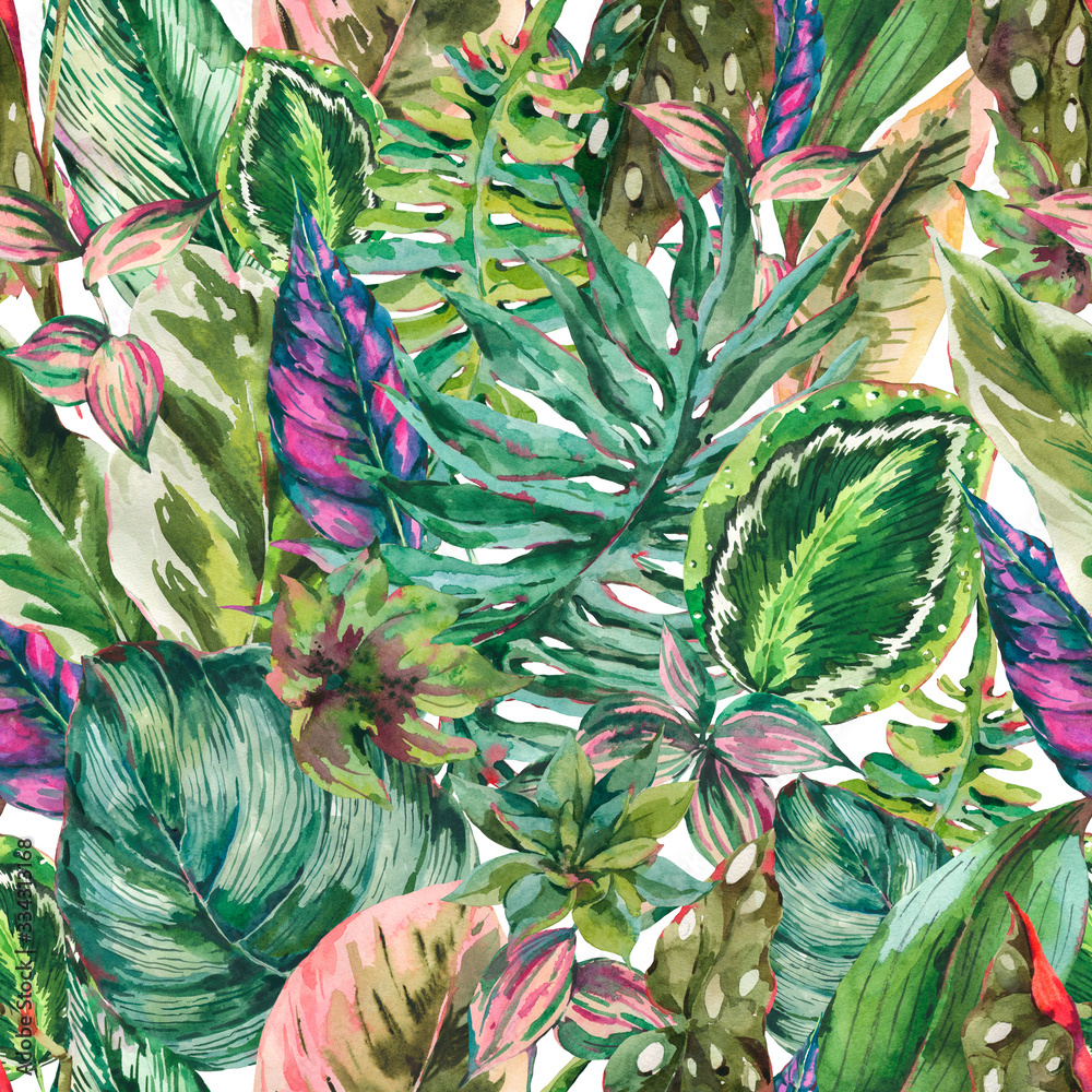 Fototapeta Watercolor natural botanical tropical leaves seamless pattern