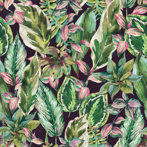 Fototapeta Naklejka Na Ścianę i Meble -  Watercolor botanical tropical green leaves seamless pattern
