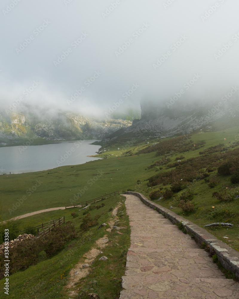 stairs to lake in the mountain